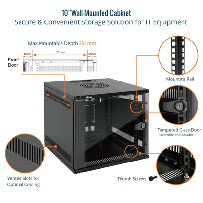 Tecmojo 6U 10-Zoll-Rack, Wandmontage-Netzwerkschrank-Set, 12,3 B x 13 T x 11,8 H Zoll – Tragfähigkeit 50 kg, Schwarzes 10-Zoll-Wandgehäuse-Server-Rack-Set