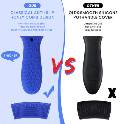 Patelai 8 Pcs Silicone Pot Holders Set Cast Iron Handle Cover Heat Resistant Pot Handle Covers Potholder Non Slip Reusable Pan Sleeve for Frying Pan Kitchen Supplies(Black)