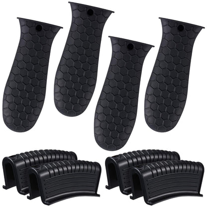 Patelai 8-teiliges Silikon-Topflappen-Set, Griffüberzug für Gusseisen, hitzebeständig, rutschfest, wiederverwendbar, für Bratpfannen, Küchenzubehör (Schwarz)