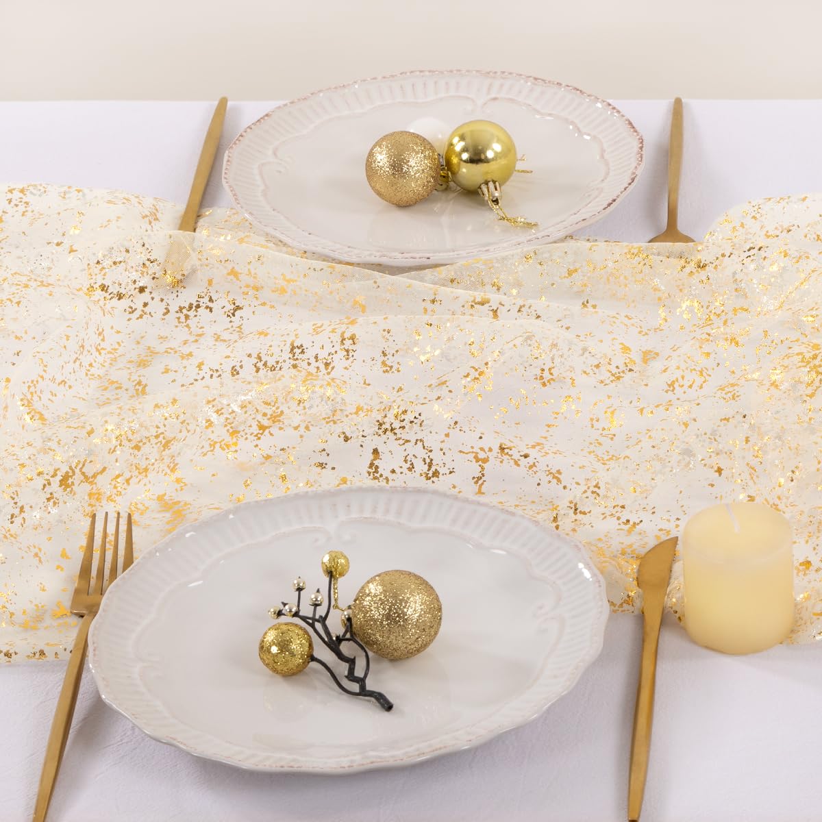 Socomi Tischläufer „Weihnachtsschnee“ aus goldfarbenem, transparentem Chiffon-Gaze-Paillettenstoff (3 m) mit Glitzer-Metallicfolie, geeignet für Hochzeiten, Geburtstage, Partys, Herbst, Winter, Jubiläen und Feiertage, Beige