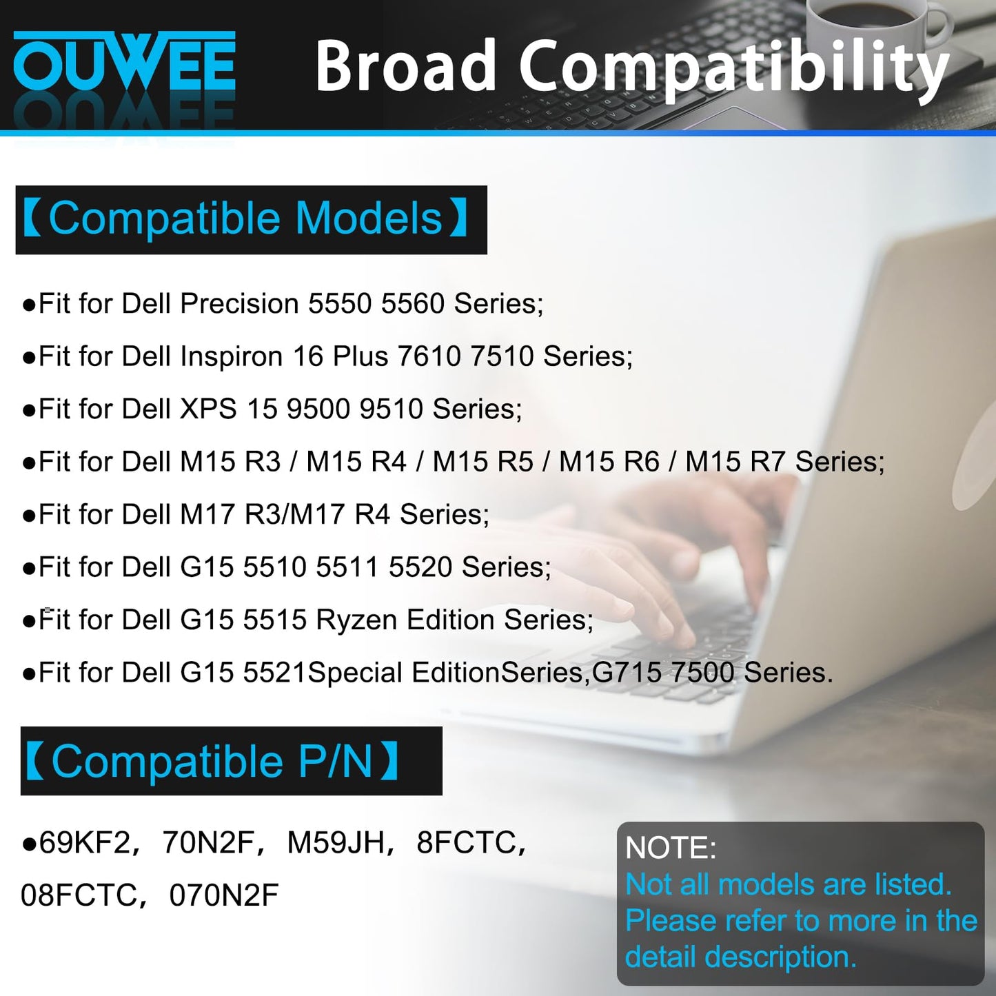 OUWEE 86Wh 69KF2 Ersatzakku für Dell G7 15 7500, G15 5510, 5511, 5515, 5520, 5521, XPS 15 9500, 9510, 9520, Precision 5550, 5560, 5570, Alienware M15 R3, R4, M17 R3, R4, Inspiron 7510, 7610, 7620, P87F, P91F
