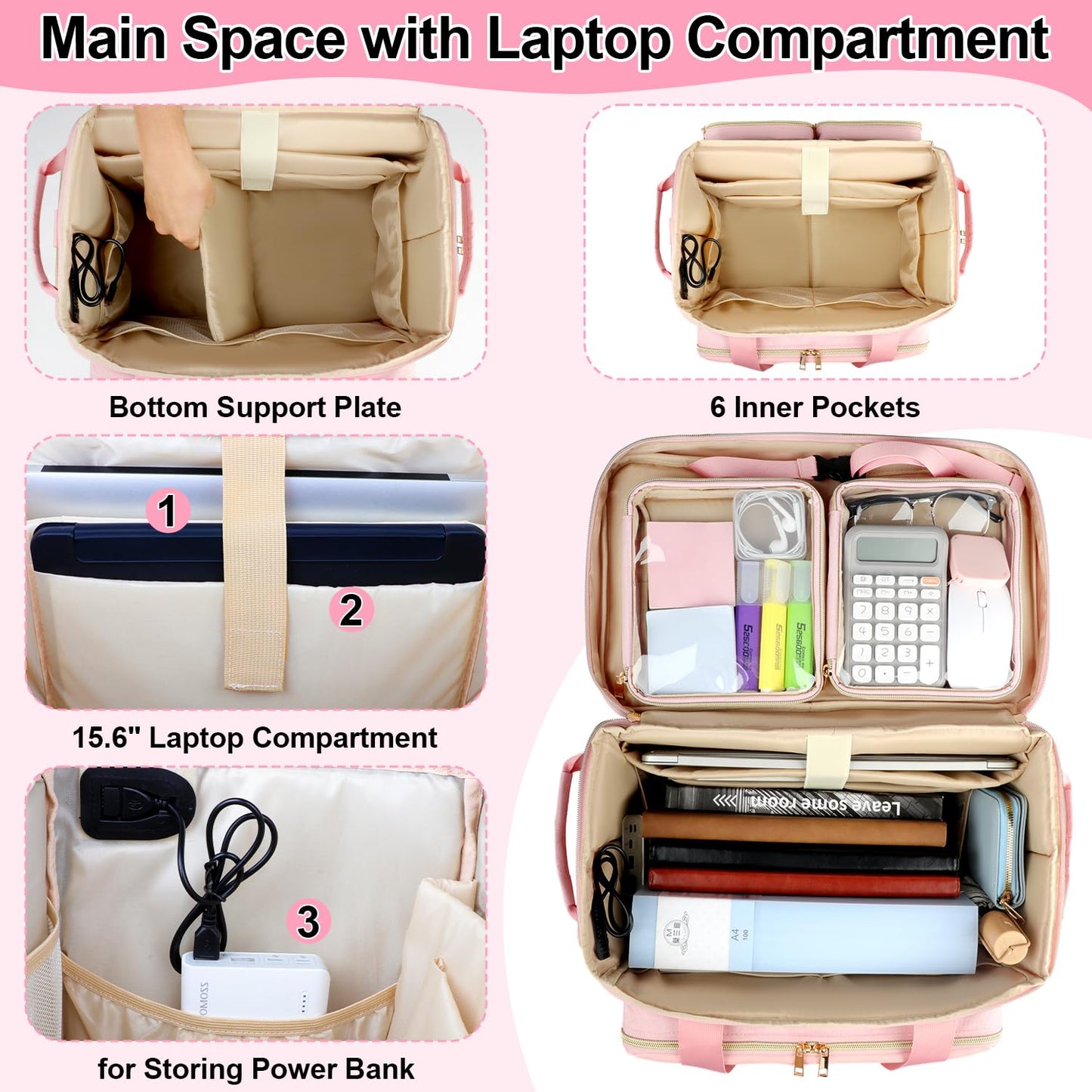 SIYNPAV Rollende Lehrertasche mit Akkordeon-Aktenorganizer, USB-Anschluss und 15,6-Zoll-Laptopfach, rollbare Lehrertasche mit abnehmbarem Trolley zur Aufbewahrung von Unterrichts- und Büromaterialien (Pink)