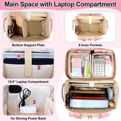 SIYNPAV Rollende Lehrertasche mit Akkordeon-Aktenorganizer, USB-Anschluss und 15,6-Zoll-Laptopfach, rollbare Lehrertasche mit abnehmbarem Trolley zur Aufbewahrung von Unterrichts- und Büromaterialien (Pink)