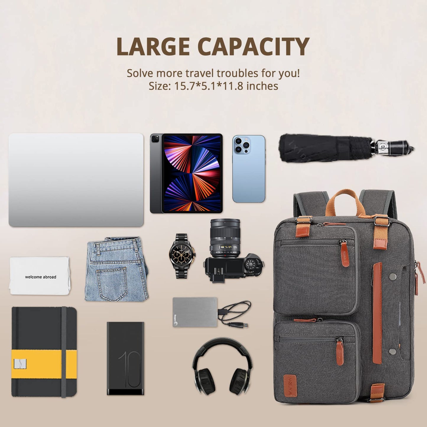 MOLNIA 3-in-1-Laptoptasche für Herren, 17,3-Zoll-Arbeitstasche für Herren, Laptop-Rucksack, Aktentasche, Umhängetasche, Computertasche für Laptops für Damen und Herren, Schwarz 