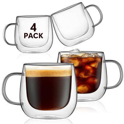 Pludyat 4er-Pack doppelwandige Glas-Kaffeebecher, 473 ml große, isolierte, transparente Kaffeebecher mit Henkel, Cappuccino-Becher für Espresso, Latte Macchiato, Americano, Teebeutel, Getränke, hitze- und kältebeständig