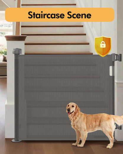Einziehbares Babygitter für Treppen und Türen, 140 cm breit x 85 cm hoch, einfach zu installierendes Netz-Hundegitter für den Innen- und Außenbereich, Haustier- und Hundesicherheitsgitter für Flure (Grau)