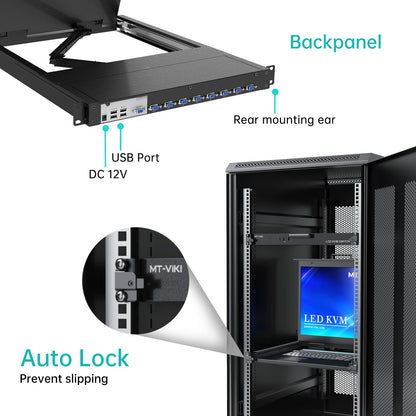 MT-VIKI KVM-Rackkonsole mit 19-Zoll-LCD-Monitor, 8-Port-VGA-KVM-Switch mit Tastatur und Touchpad-Monitor, passend für 1 HE 19-Zoll-Racks, OSD/Hotkeys/Tasten 【mit 8-Port-KVM-Kabel】