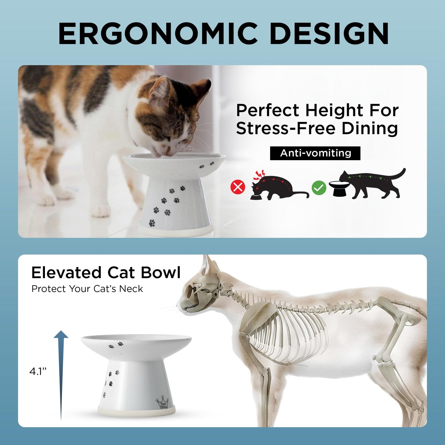 Necoichi Erhöhter Katzennapf - Keramik-Napf mit erhöhter Höhe zur Entlastung von Schnurrhaaren und Nacken, spülmaschinen- und mikrowellengeeignet - rutschfest und erbrechenshemmend, ergonomisches Design (Katzen, extra breit, 2 Tassen Fassungsvermögen)