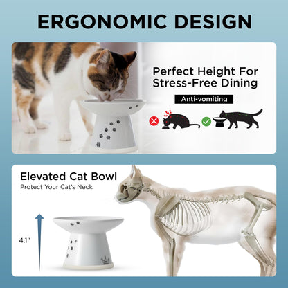 Necoichi Erhöhter Katzennapf - Keramik-Napf mit erhöhter Höhe zur Entlastung von Schnurrhaaren und Nacken, spülmaschinen- und mikrowellengeeignet - rutschfest und erbrechenshemmend, ergonomisches Design (Katzen, extra breit, 2 Tassen Fassungsvermögen)