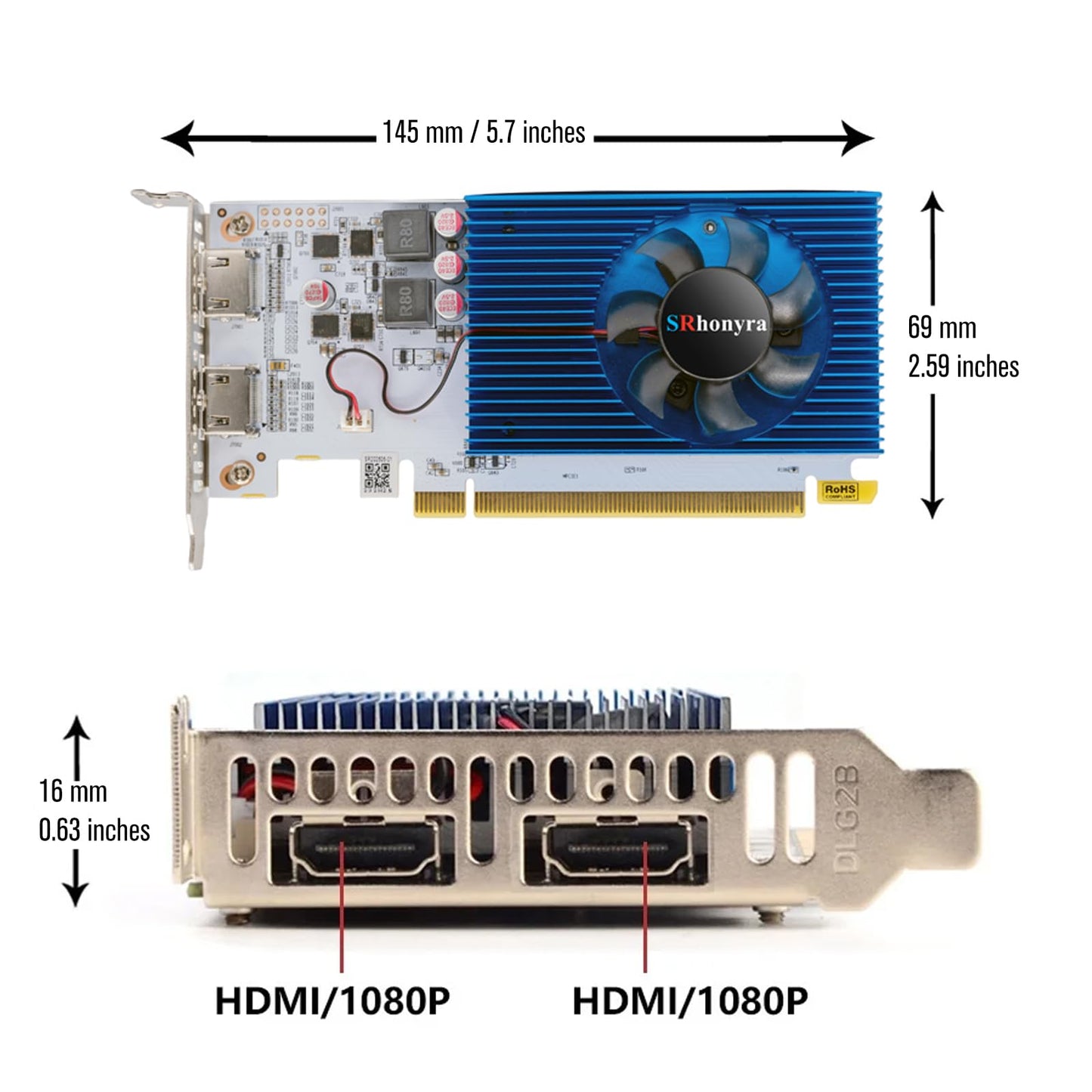 SRhonyra R5 230 Low Profile Grafikkarte, 2 GB DDR3, Dual HDMI, 1080p, PCIe 2.0 x16 Bus-Stromversorgung, unterstützt Spleißmodus, 20 Watt, SFF-GPU