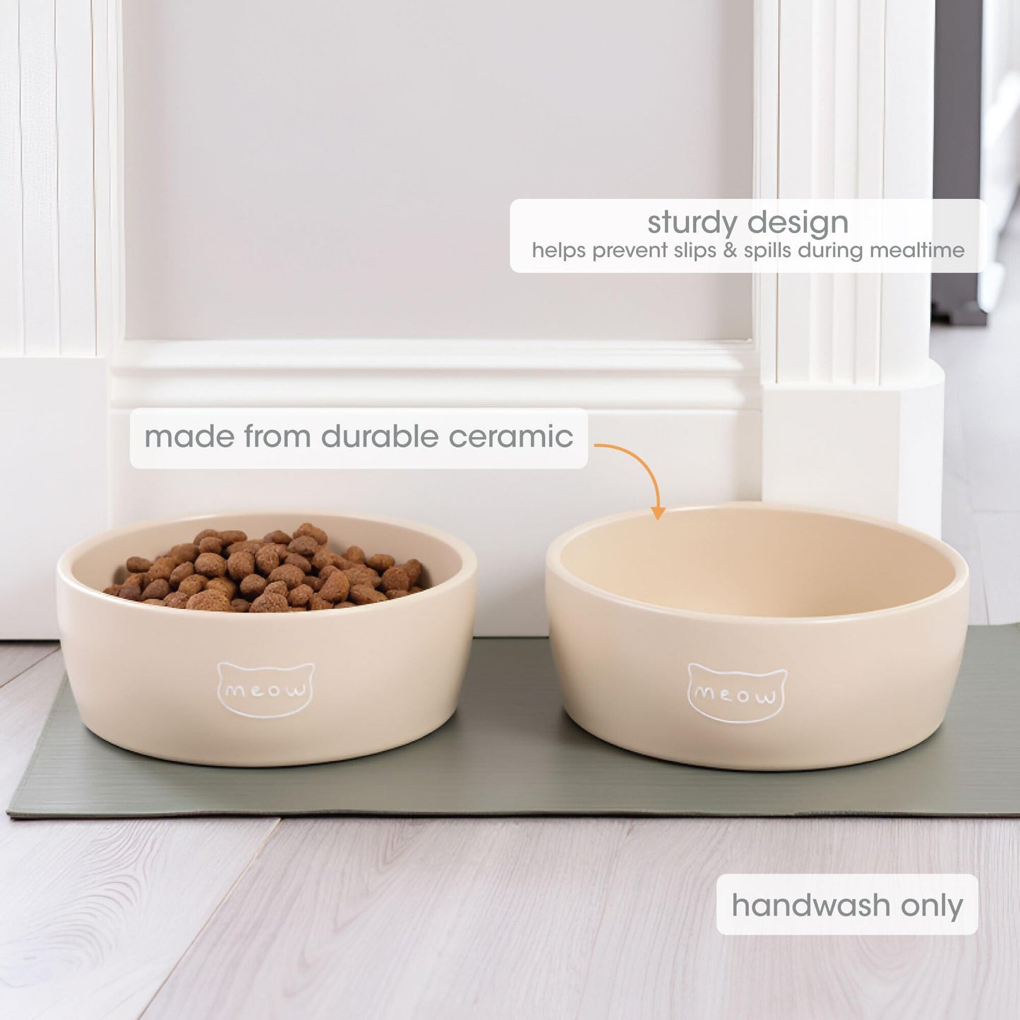 Pearhead Ceramic Bowl, Holds 2 Cups, Cute Whisker-Friendly Dish with Cat Face Design, Non-Slip, Microwave and Dishwasher Safe, Small/Medium