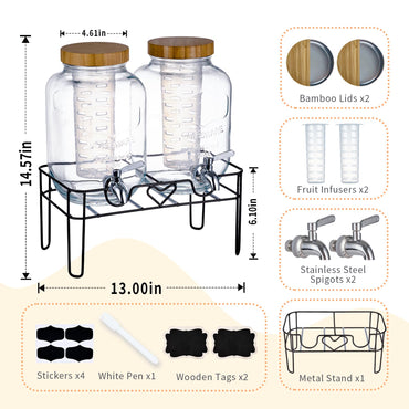 ShoreHao 2er-Pack 1-Gallonen-Glasgetränkespender mit Ständer, Bambusdeckeln und Fruchteinsatz, auslaufsicherer Zapfhahn aus Edelstahl 304, Getränkespender für Partys, Wasser, Sangria, Saft, Eistee, Limonade (natürlich)
