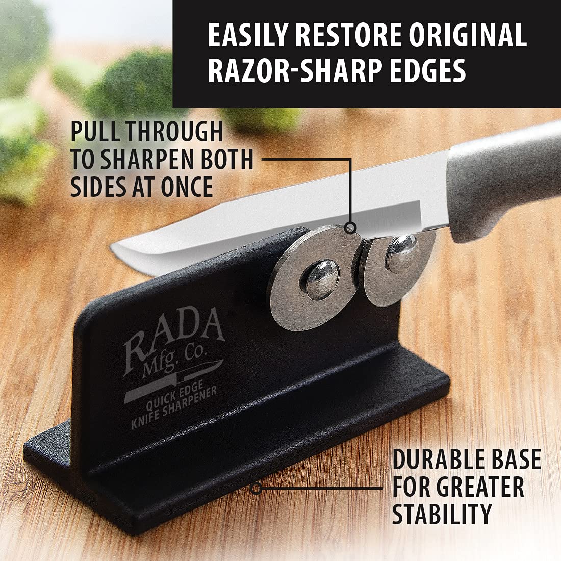 Rada Cutlery Quick Edge Knife Sharpener (R119), 3.5"x2", Stainless Steel Wheels, Made in USA