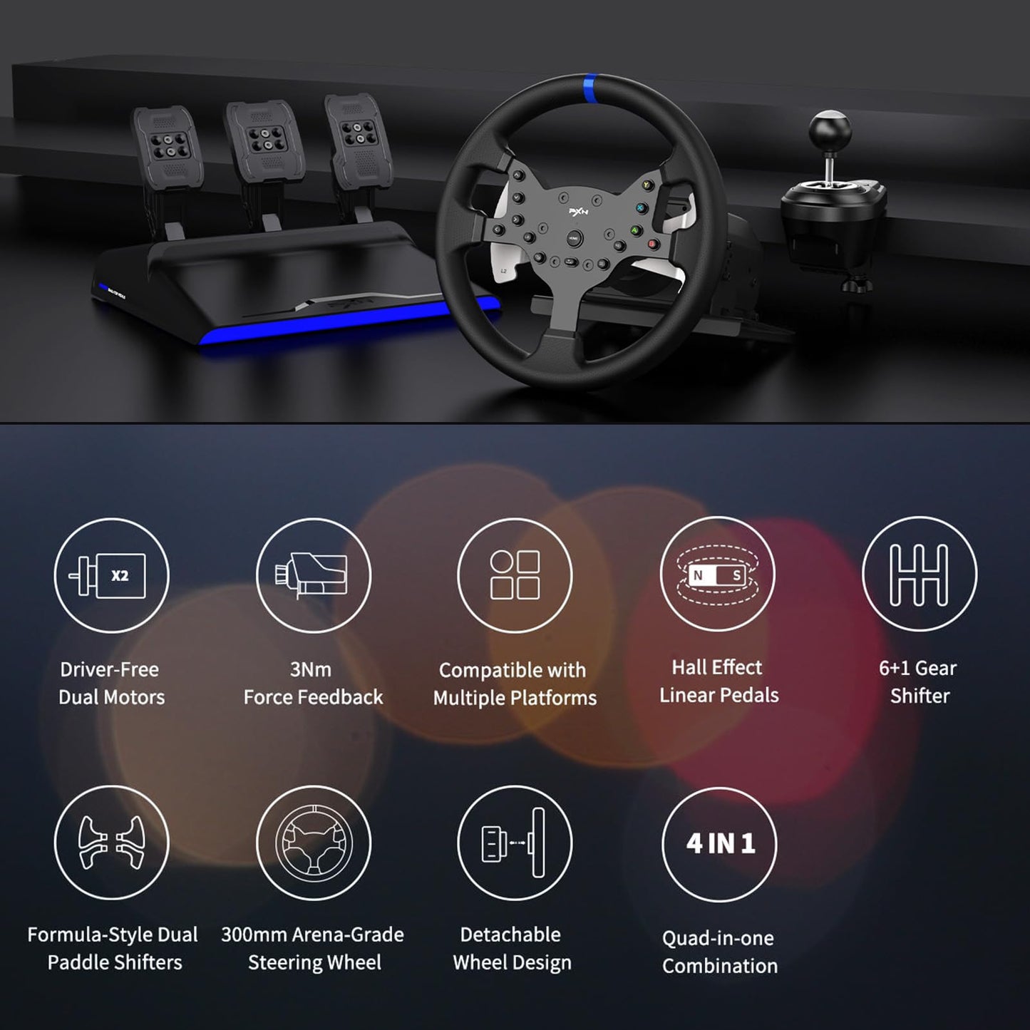 PXN Force Feedback PC-Rennlenkrad, abnehmbares 270/900 Grad V99 Lenkradsimulator mit Pedalen und Schalthebel für Windows-PC, PS4, Xbox One und Xbox Series X/S