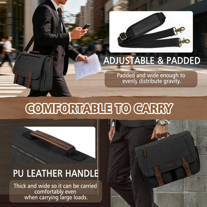 RAINSMORE Messenger Bag für Herren, 15,6–17,3 Zoll Laptoptasche, wasserabweisende Canvas-Aktentasche, große Computertasche, Schultertasche für Arbeit, Uni und Reisen, Schwarz