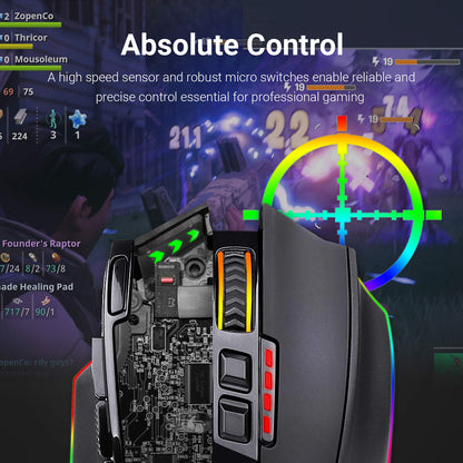 Redragon M801 Wireless Gaming Mouse, RGB Gaming Mouse with MMO 9 Programmable Macro Editing Buttons, UP 16000 Adjustable DPI, Rapid Fire Button for Game, Windows,PC - Wireless, Black