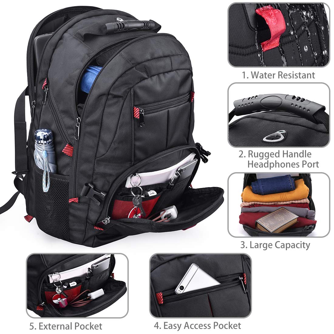 NUBILY Laptop-Rucksack, 17 Zoll, wasserdicht, extra groß, TSA-konform, diebstahlsicher, ideal für Uni, Business und Freizeit, mit USB-Ladeanschluss, Gaming-Rucksack für Damen und Herren, Schwarz, 45 l