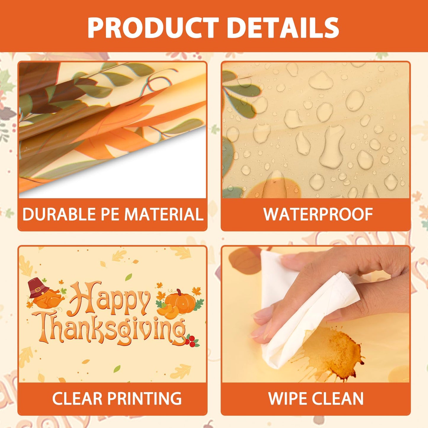SUNCHARM Einweg-Tischdecken für Thanksgiving, 3-teilig – Rechteckige Kunststoff-Tischdecke mit Kürbismotiv, 137 x 274 cm (54 x 108 Zoll)