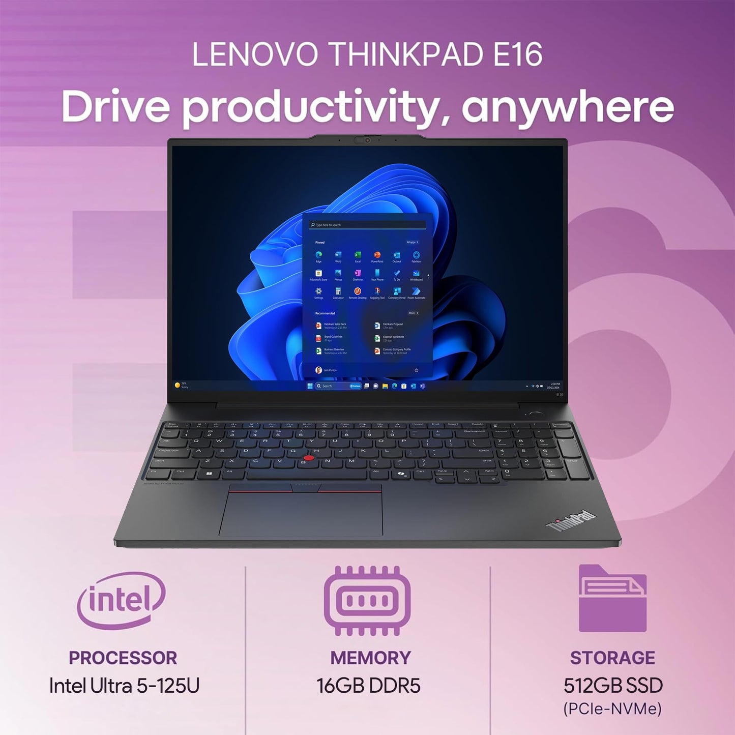 Original Lenovo ThinkPad E16 Gen 2, 16" WUXGA-Display, Intel Ultra 5-125U, 16 GB DDR5-RAM, 512 GB NVMe-SSD, Fingerabdrucksensor, beleuchtete Tastatur, WLAN 6E + Bluetooth, RJ-45-Anschluss, FHD-Webcam, Windows 11P, Business-Laptop