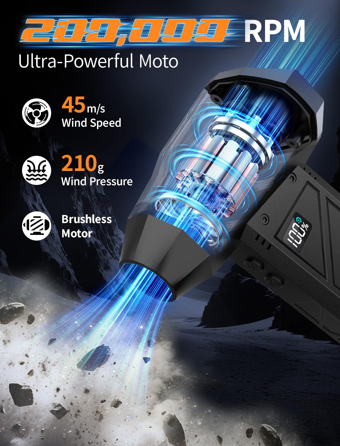 RUNLANE Druckluft-Staubwedel, 200000 U/min, elektrischer Druckluft-Staubwedel mit Licht, 4-stufig verstellbarer kabelloser Staubbläser für Computer, Tastatur, Außenbereich, Haushalt und Auto (FB09-Schwarz)