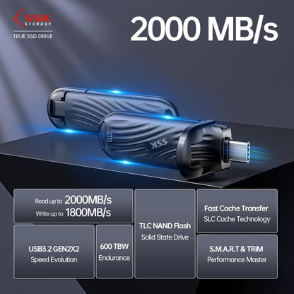 Externe SSK 2 TB SSD mit USB-C-Anschluss – Bis zu 2000 MB/s, USB 3.2 Gen 2x2, tragbarer SSD-Stick mit extrem niedrigem Stromverbrauch, kompatibel mit iPhone 15/16 Pro, ProRes, Mac/WTG und Android, Gehäuse aus Zinklegierung