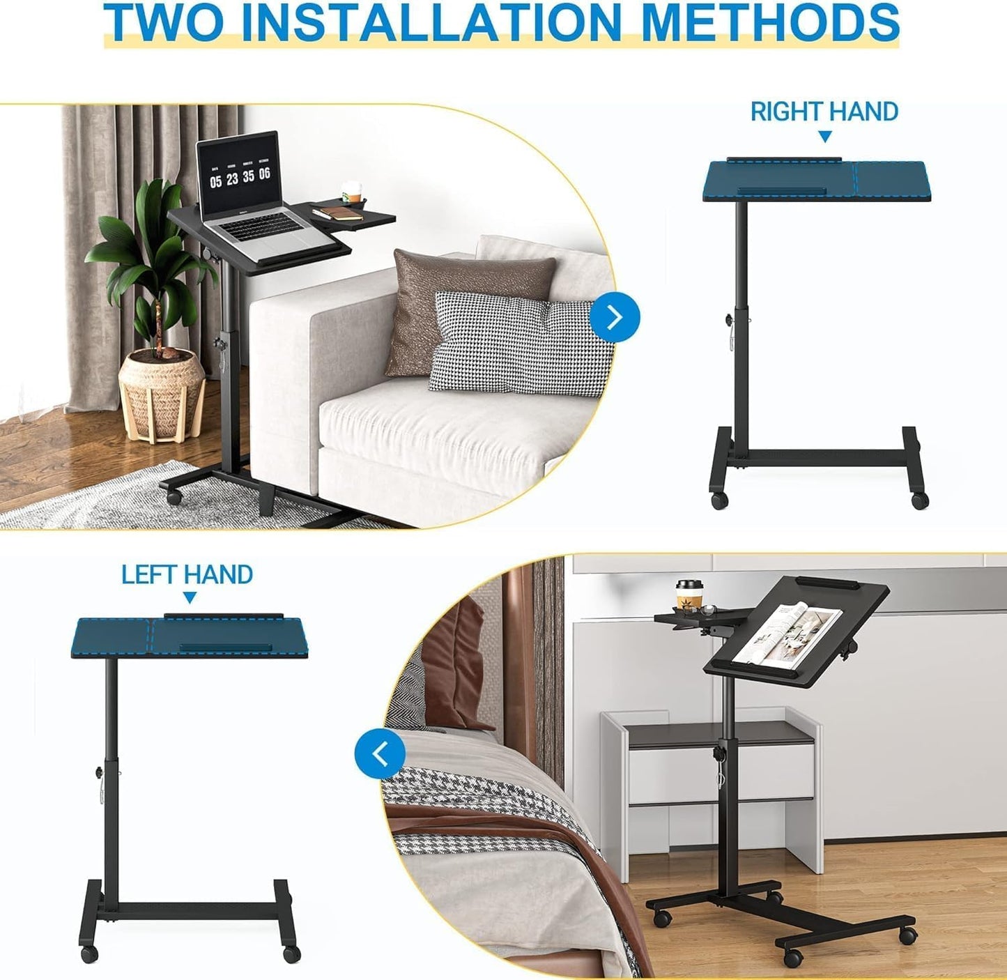 Panta Höhenverstellbarer Laptopständer mit Rollen, Betttisch mit 2 neigbaren Tischplatten, mobiler Laptoptisch für Sofa und Couch mit Getränkehalter, mobiler Computerarbeitsplatz für Büro, Zuhause und Krankenhaus