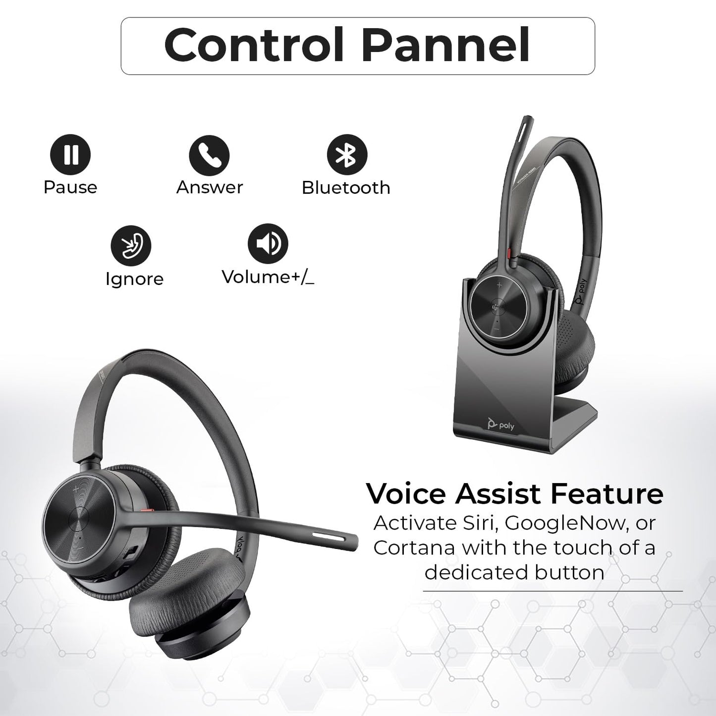 Poly Voyager 4320 UC Kabelloses Headset &amp; Ladestation – Stereo-Kopfhörer mit geräuschunterdrückendem Mikrofonarm + Ladestation + USB-C-auf-A-Adapter + USB-C-Dongle + USB-Netzkabel + Tasche + Mikrofasertuch