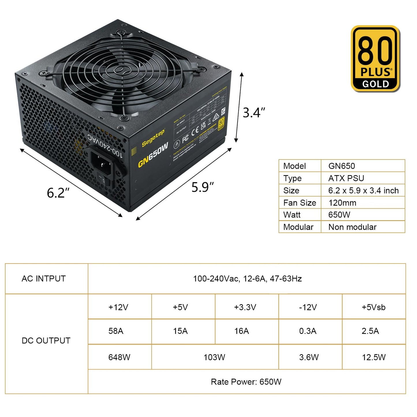Segotep 650W 80 Plus Gold zertifiziertes, nicht-modulares ATX-Netzteil mit 6+2-Pin-Anschlüssen, PFC-Schutz und RoHS-Konformität, 120-mm-Silent-Lüfter, Gaming-Netzteil GN-650 Schwarz