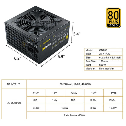 Segotep 650W 80 Plus Gold zertifiziertes, nicht-modulares ATX-Netzteil mit 6+2-Pin-Anschlüssen, PFC-Schutz und RoHS-Konformität, 120-mm-Silent-Lüfter, Gaming-Netzteil GN-650 Schwarz
