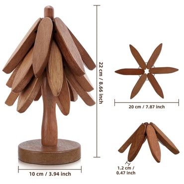 Quelgt Tree Shape Trivets - 3 Wooden Trivet + 1 Stand for Kitchen Decor