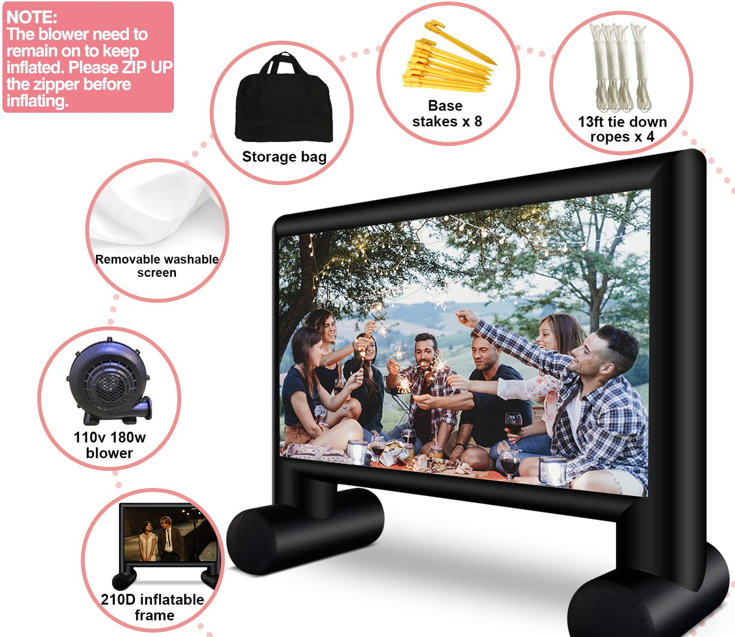 XHYCPY Aufblasbare Projektionsleinwand, 4,57 m (15 Fuß), inklusive Gebläse und Aufbewahrungstasche, einfacher Aufbau, Front- und Rückprojektion für Filmabende im Freien, perfekt für Garten und Pool