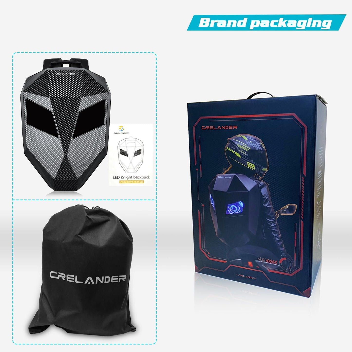 Crelander LED Knight Backpack, 19inch App Control Motorcycle Backpack with DIY Programmable Full Color Screen Waterproof Large Capacity Hard Shell Helmet Bag DIY Pixel Art Animation Laptop Daypack