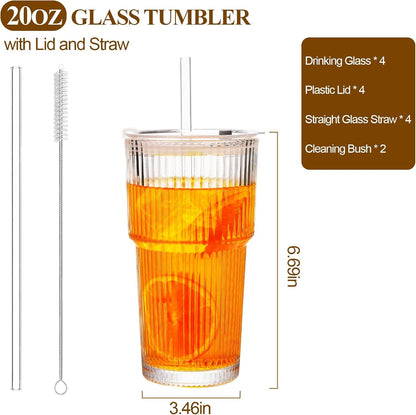 Snextek 20oz Glasbecher mit Deckel und Glasstrohhalmen, dickwandig für Eiskaffee, Smoothies, Cocktails und Säfte - elegant und robust für Zuhause, Büro und Reisen (transparent)