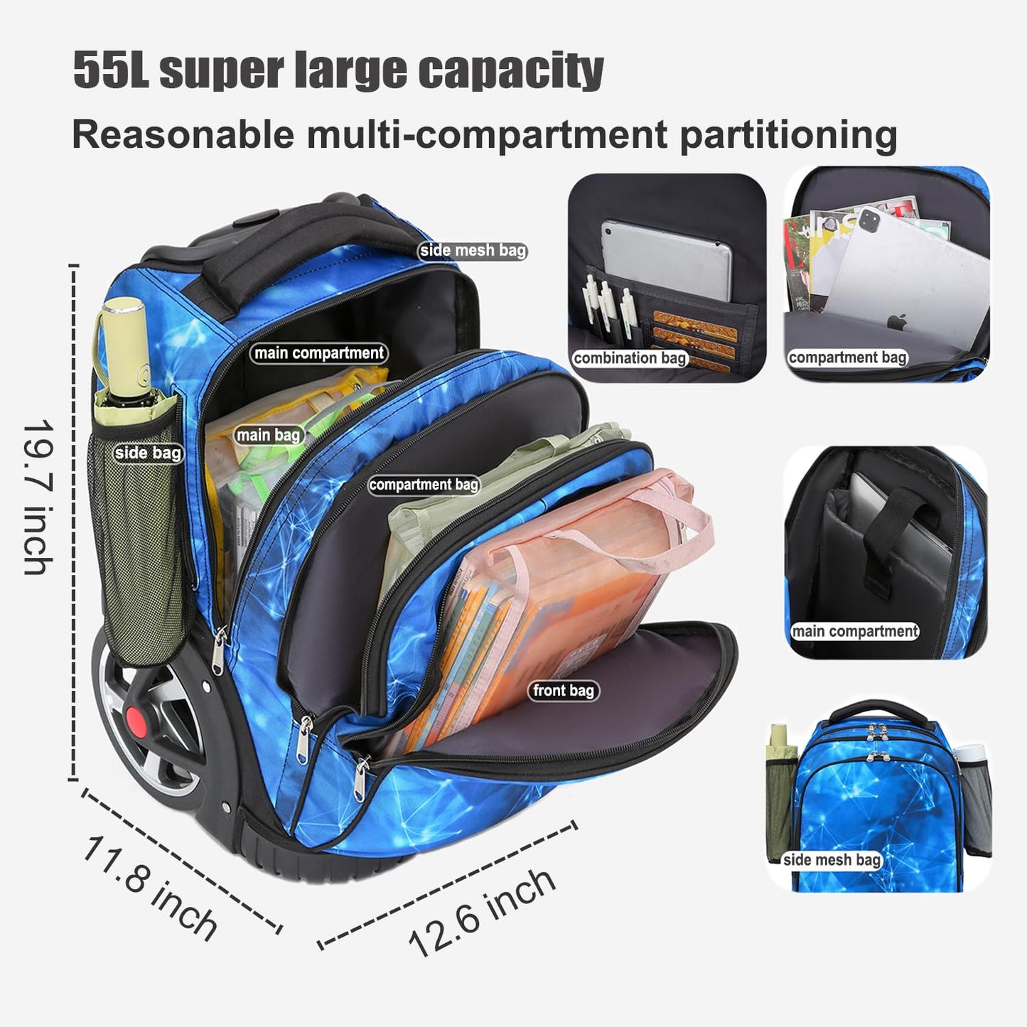 Rollrucksack, 55 l (14,5 gal) Rucksack mit Rollen für Geschäftsreisen, wasserdichter Rucksack mit zwei Tragegriffen und leisen großen Rollen, Handgepäckrucksack mit Laptopfach (Schwarz, 22 Zoll)