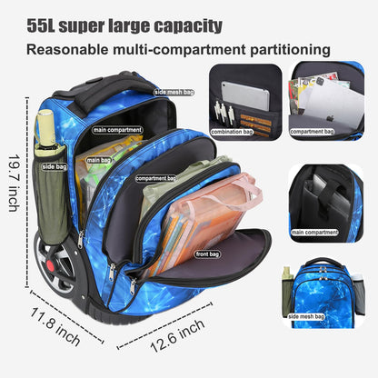 Rollrucksack, 55 l (14,5 gal) Rucksack mit Rollen für Geschäftsreisen, wasserdichter Rucksack mit zwei Tragegriffen und leisen großen Rollen, Handgepäckrucksack mit Laptopfach (Schwarz, 22 Zoll)
