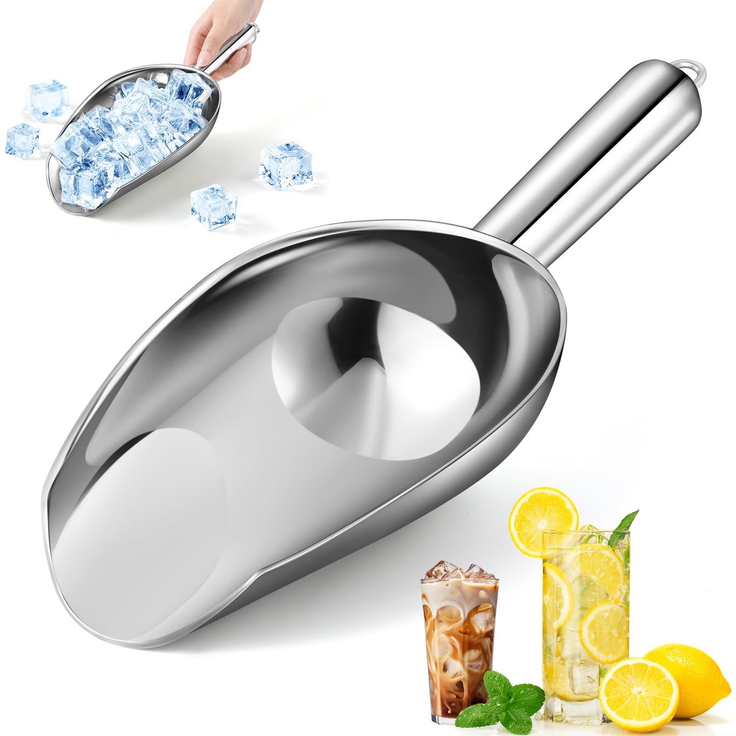 OLESBUR 12oz Stainless Steel Ice Scoop for Freezer - Dishwasher Safe Metal Scooper with Long Handle for Ice Machines, Buckets, Dog Food, Flour, and Canisters - Ideal for Bar, Parties & Weddings