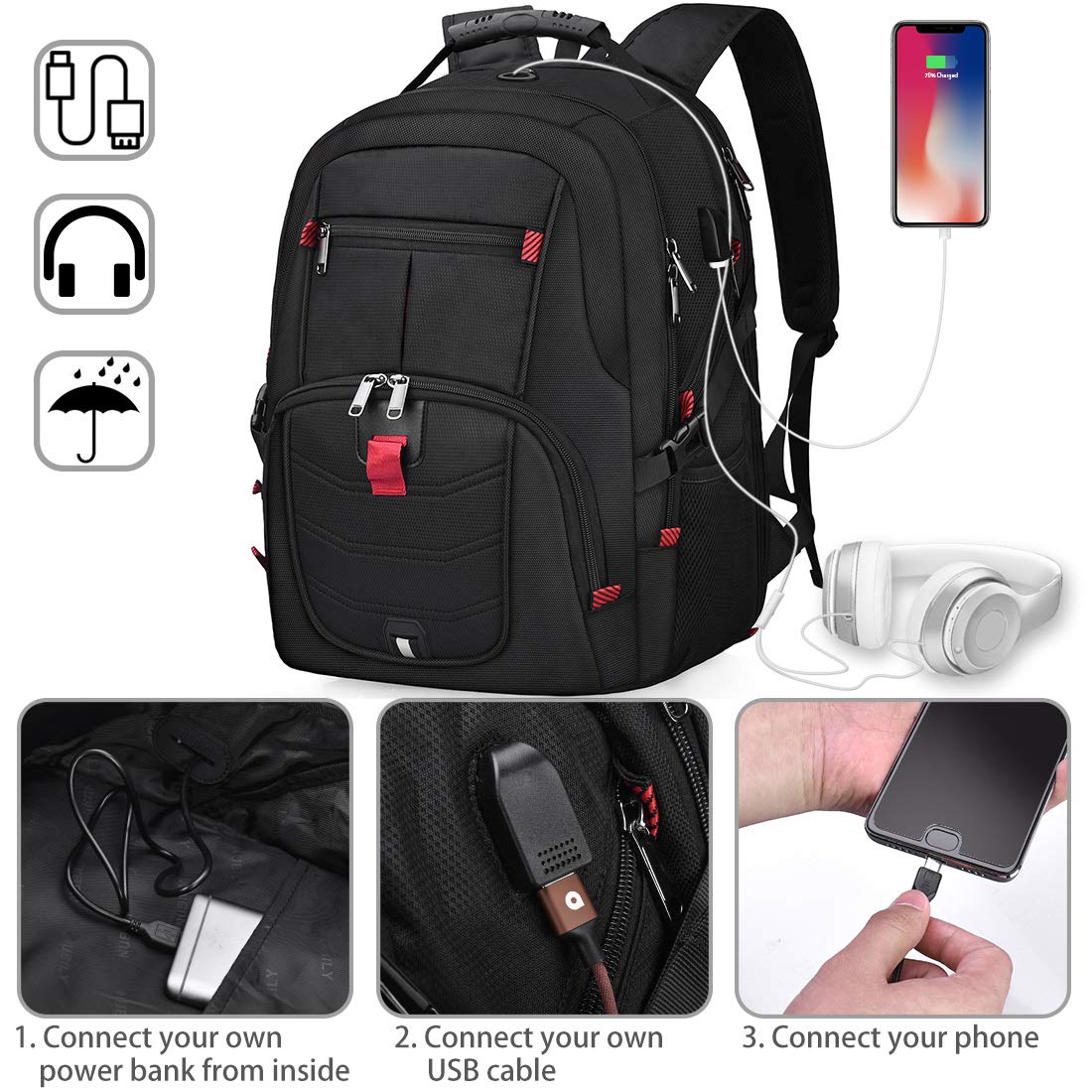 NUBILY Laptop-Rucksack, 17 Zoll, wasserdicht, extra groß, TSA-konform, diebstahlsicher, ideal für Uni, Business und Freizeit, mit USB-Ladeanschluss, Gaming-Rucksack für Damen und Herren, Schwarz, 45 l