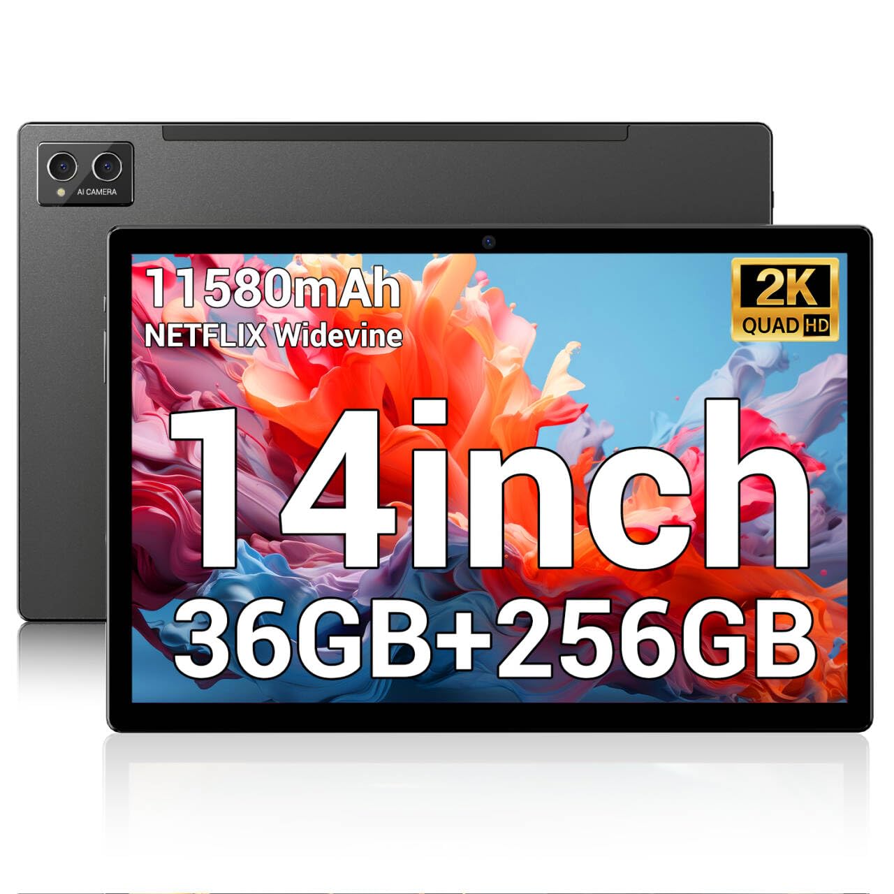 POWMUS Tablets 2025, 14 Zoll, Android 14, 36 GB RAM, 256 GB Speicher (erweiterbar auf 1 TB), 2K-Display, 8-Kern-Prozessor, 11580 mAh Akku, 4 Lautsprecher, 5-GHz-WLAN, inklusive Stifthülle – Schwarz