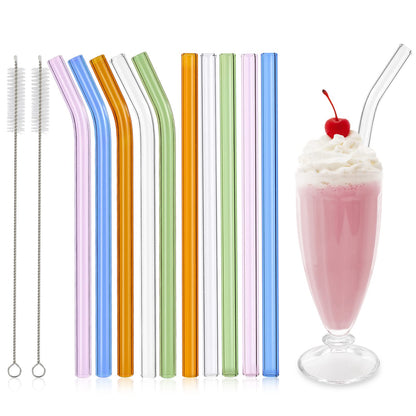 RENYIH 10 wiederverwendbare Glas-Smoothie-Strohhalme, 9'' x 12 mm Glas-Trinkhalme für Milchshakes, Tee, Saft, Set mit 5 geraden und 5 gebogenen Strohhalmen mit 2 Reinigungsbürsten - Spülmaschinenfest (Bunt)