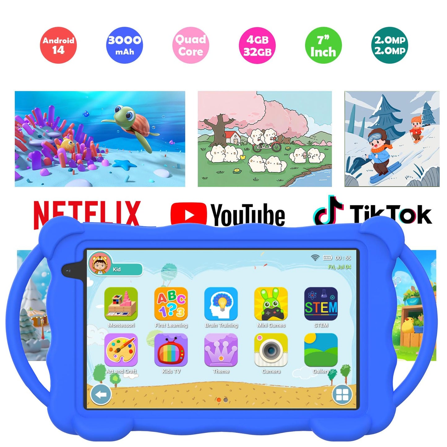 Nyxolaria Kinder-Tablet 7 Zoll, 32 GB ROM, Lern-Tablet für Kleinkinder mit Schutzhülle, vorinstallierten Lern-Apps, Kindersicherung, Geschenk für Jungen und Mädchen. (Blau)