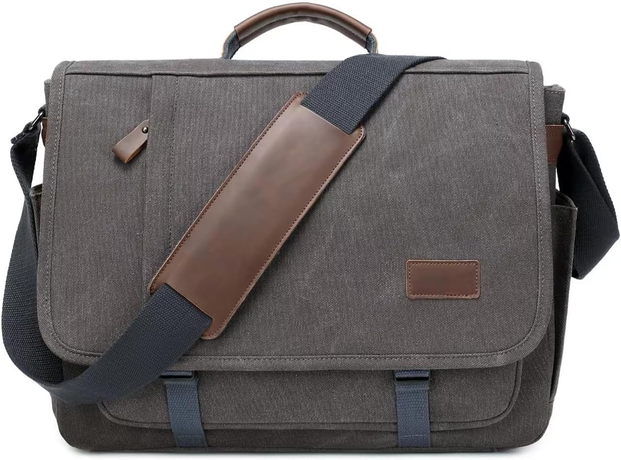 PPOBOW Canvas Messenger Bag für Herren, wasserdichte Business-Tasche für Herren, Vintage Canvas Laptoptasche (Grau)