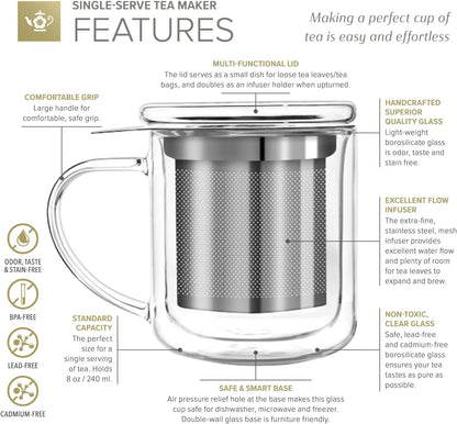Teabloom Persönlicher Teebereiter – Isolierte, hitzebeständige Glastasse mit losem Tee-Sieb und Deckel/Untersetzer – Tea Connoisseur's Choice – Aufgussbecher aus Borosilikatglas (237 ml) 