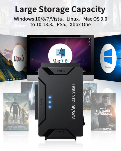 POSUGEAR USB 3.0 zu IDE/SATA Adapter, externer Festplattenleser, universeller 2,5"/3,5" HDD/SSD Konverter, 12V/2A Netzteil