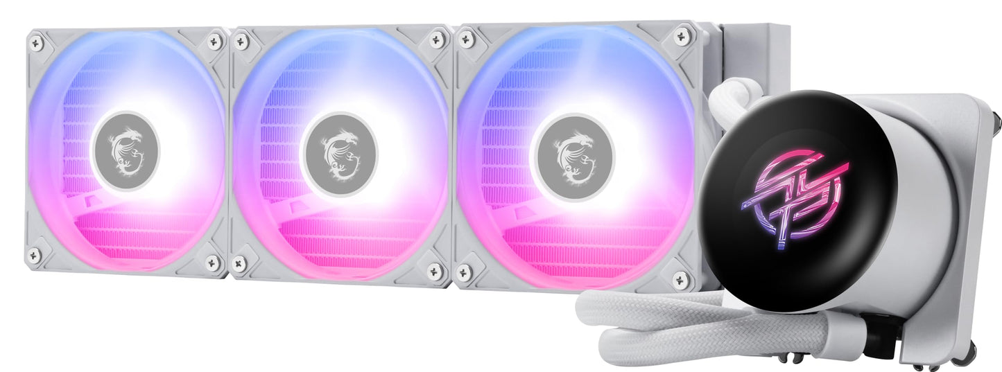 MSI MPG CORELIQUID P13 360 Weiß – AIO ARGB CPU-Flüssigkeitskühler – 360-mm-Radiator – LGA 1851/AM5-kompatibel – 2,1"-IPS-LCD-Bildschirm – Drei 120-mm-ARGB-PWM-Lüfter – Uni-Bracket – Weiß