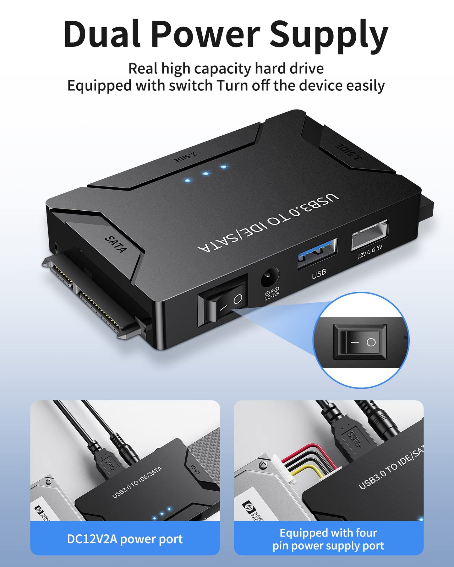 POSUGEAR USB 3.0 zu IDE/SATA Adapter, externer Festplattenleser, universeller 2,5"/3,5" HDD/SSD Konverter, 12V/2A Netzteil