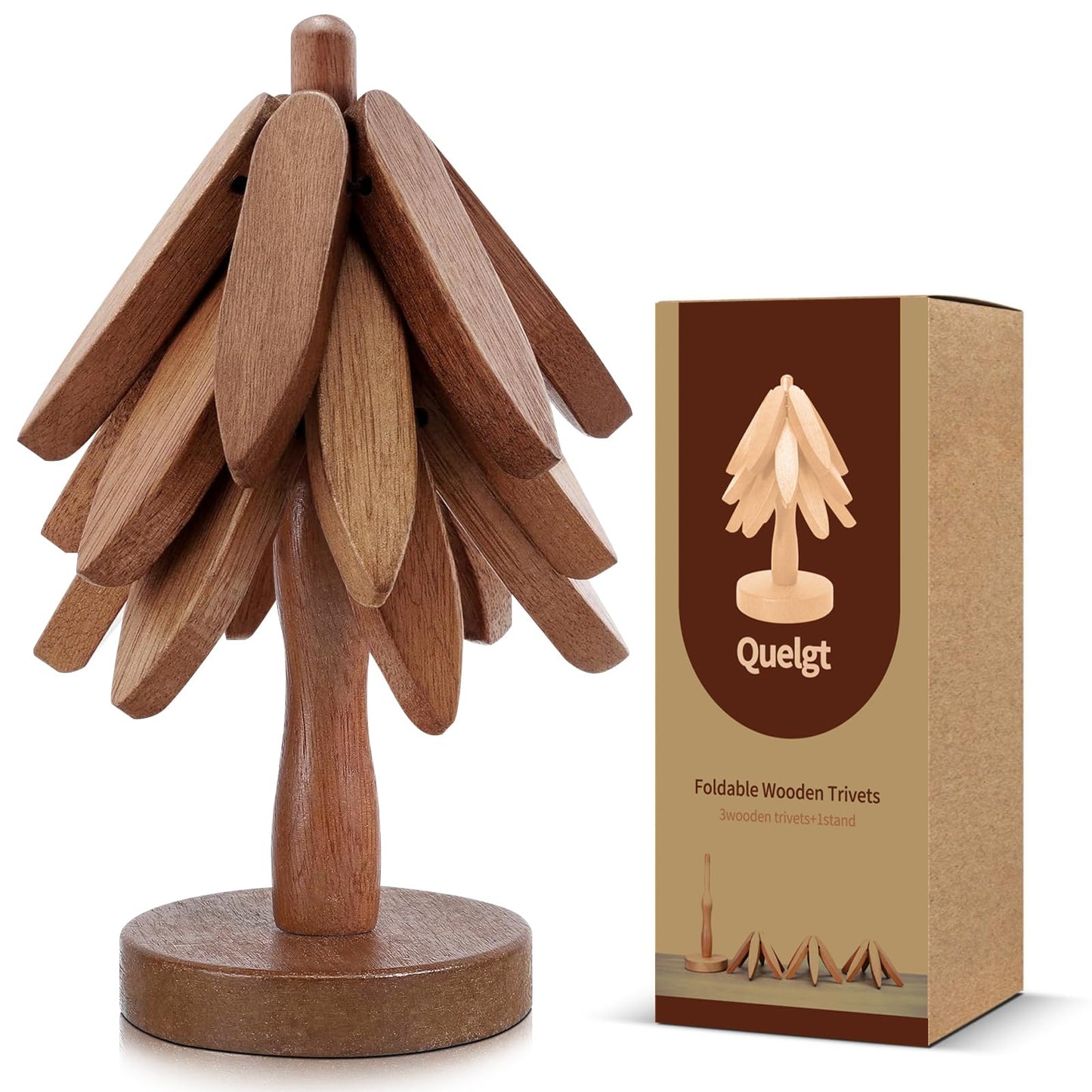 Quelgt Tree Shape Trivets - 3 Wooden Trivet + 1 Stand for Kitchen Decor