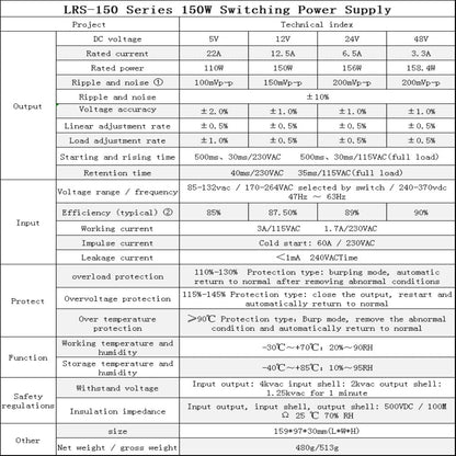 NVVV LRS-150-24 Schaltnetzteil 24V 6,5A Geschlossenes Schaltnetzteil