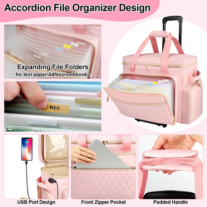 SIYNPAV Rollende Lehrertasche mit Akkordeon-Aktenorganizer, USB-Anschluss und 15,6-Zoll-Laptopfach, rollbare Lehrertasche mit abnehmbarem Trolley zur Aufbewahrung von Unterrichts- und Büromaterialien (Pink)