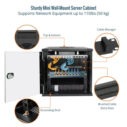 Tecmojo 6U 10-Zoll-Rack, Wandmontage-Netzwerkschrank-Set, 12,3 B x 13 T x 11,8 H Zoll – Tragfähigkeit 50 kg, Schwarzes 10-Zoll-Wandgehäuse-Server-Rack-Set