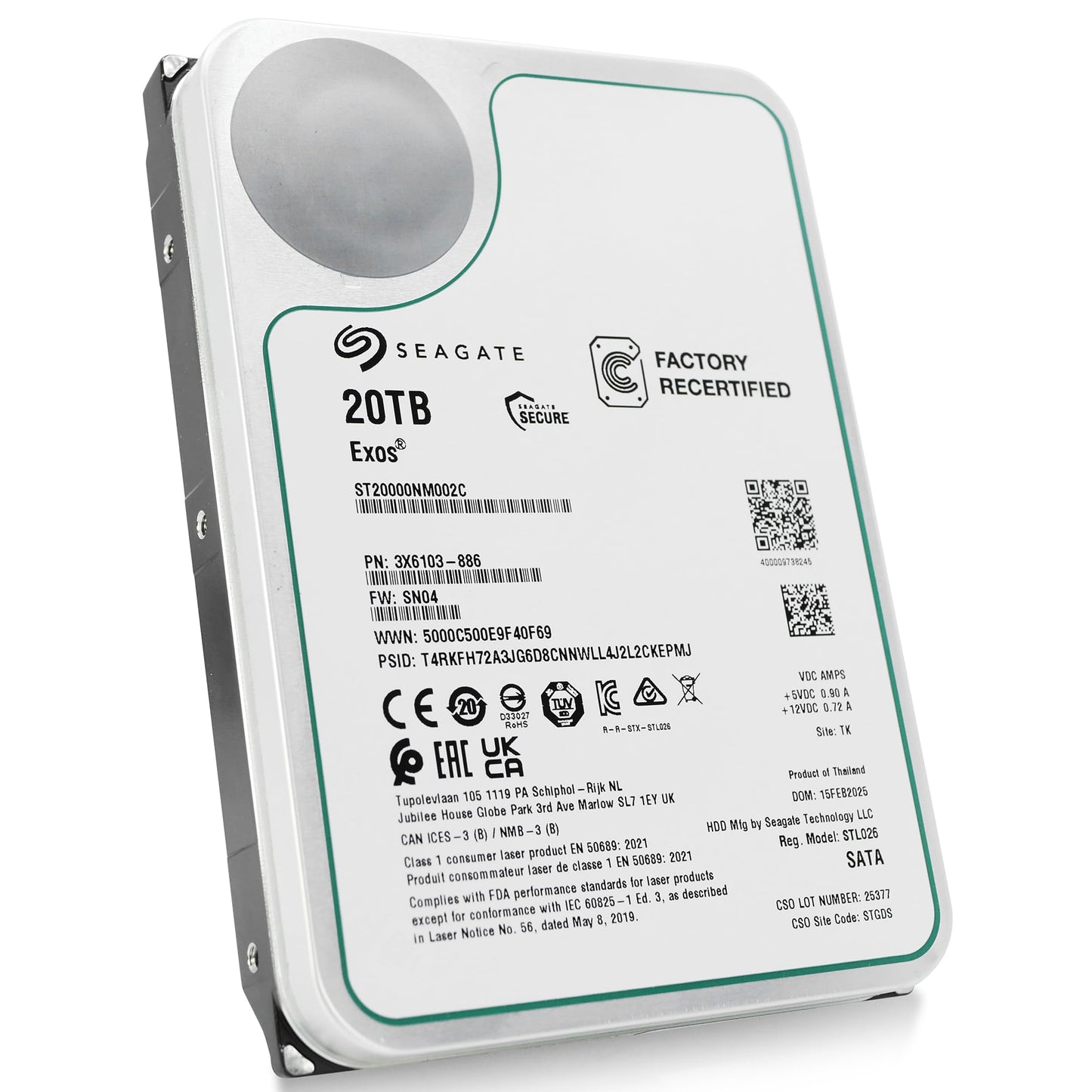 Seagate Exos 20 TB 7.200 U/min SATA 6 Gbit/s 3,5 Zoll Enterprise HDD ST20000NM002C (Generalüberholt)